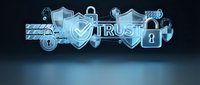 Digital trust concept with glowing shields and security icons on dark blue background for cybersecurity and data protection presentations.