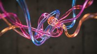 Vibrant neon light trails in pink, blue, and orange create flowing abstract waves against dark background, suitable for modern design projects.