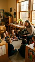 Female teacher reading to diverse group of children in warm classroom setting with natural light and plants creating cozy educational environment.