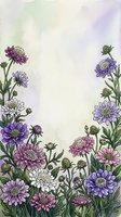 Watercolor floral border with purple, pink and white wildflowers on soft green background, copy space for greeting cards and invitations.