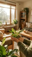 Hands holding small potted plant in cozy living room with natural light streaming through windows creating warm atmosphere for indoor gardening and home decor.