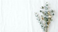 Dried eucalyptus branches and thistle flowers arranged on white linen fabric, flat lay with copy space for wedding or lifestyle design.