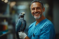 Smiling mature veterinarian in blue scrubs holding African grey parrot during medical examination in modern veterinary clinic. Professional pet care concept.
