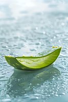 Fresh aloe vera leaf segment with water drops on light blue surface, natural skincare concept, macro photography with selective focus and bokeh effect.
