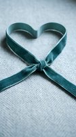 Teal velvet ribbon tied in heart shape on white textured fabric background for romantic crafts, wedding decorations, and gift wrapping projects.