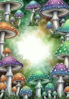 Whimsical mushroom forest frame with colorful toadstools in orange, purple, and teal surrounding glowing center space for text or design overlay.