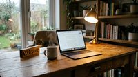 Cozy home office with open laptop on rustic wooden desk, steaming coffee mug, warm lamp, and bookshelf in background.