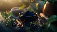 Dark blue spirulina powder in black ceramic bowl with wooden spoon, fresh green leaves and natural sunlight creating moody wellness atmosphere.