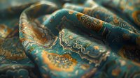 Luxurious teal and gold fabric with oriental pattern creates flowing waves and folds. Shimmering silk material displays intricate traditional Asian motifs and designs.