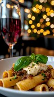 Rigatoni pasta with burrata cheese and caramelized onions garnished with fresh basil leaves, served with red wine against blurred golden bokeh lights background.