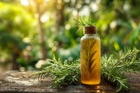 Amber glass bottle with cork stopper filled with golden herbal oil surrounded by fresh rosemary sprigs on rustic wooden surface in natural sunlight.