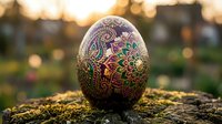 Ornate decorated Easter egg with intricate floral patterns and golden details on rustic wooden surface during golden hour sunset lighting for holiday celebrations.