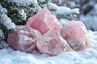 Raw rose quartz crystals nestled in fresh snow with evergreen branches, creating magical winter scene. Natural healing stones showcase pink hues and crystalline structure.