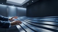 Professional hands manipulating flowing digital data streams in modern tech environment for business analytics and information management solutions.
