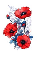 Red poppies with blue leaves and buds on white background, botanical floral arrangement in contemporary style for fabric prints and wall art designs.