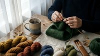 Woman knitting green wool sweater at wooden table with colorful yarn balls and ceramic mug creating handmade clothing in cozy home setting.