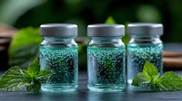 Sparkling blue drink in glass jars with fresh mint leaves on dark wooden surface against blurred green background, refreshing summer beverage concept.