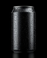 Black aluminum can with water drops on dark background, dramatic studio lighting creates reflective surface texture for beverage packaging mockup.