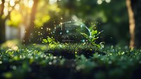 Miniature car surrounded by lush green moss and plants with magical glowing particles, creating a fantasy forest atmosphere in natural sunlight.