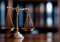 Decorative brass scales of justice on wooden surface against blurred law library background, symbolizing legal system, judgment and equality in courtroom setting.