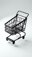 Empty black shopping cart on white background, isolated retail merchandise trolley for commerce and consumer purchase concepts.