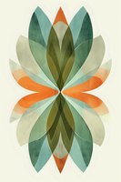 Abstract geometric flower pattern in mint green, orange and olive tones with overlapping translucent petals creating symmetrical kaleidoscope effect on cream background.
