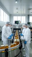 Food production workers in protective gear monitoring honey jar filling line in modern sterile manufacturing facility with quality control systems.