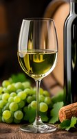 Glass of white wine with fresh green grapes and cork on wooden table. Wine tasting, vineyard harvest, restaurant dining and celebration concept.