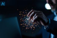 Businessman hands typing on laptop with magical glowing orange particles emerging from keyboard in dark office environment, representing digital transformation.
