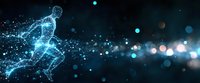 Digital athlete figure made of glowing blue particles running forward against dark background with bokeh lights and motion trail effect.