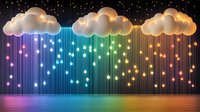 Glowing clouds with colorful light strings creating magical rainbow rain effect against dark background. Dreamy fantasy scene with luminous elements and reflective surface.