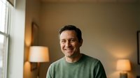 Smiling middle-aged Caucasian man in green casual shirt standing in warm modern living room with soft lighting and cozy home interior atmosphere.