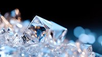 Macro view of natural ice crystals with geometric shapes and sharp edges against dark background with bokeh lights, winter nature photography.