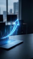 Glowing blue arrow emerging from laptop screen showing business growth and digital success in modern office environment for financial presentations.
