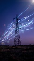 Electric power transmission tower with glowing energy streams and light effects against purple twilight sky for technology and infrastructure concepts.
