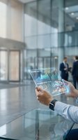 Businessman using transparent tablet with financial data analytics dashboard in modern office lobby with colleagues discussing in background.