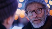 Senior Caucasian man with gray beard and glasses wearing winter beanie hat in evening light with bokeh background, engaged in meaningful conversation with blurred person.