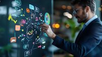 Middle Eastern businessman in navy suit analyzing digital marketing strategy on virtual screen with glowing icons, graphs and social media symbols in dark office.