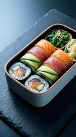 Sushi bento box with salmon, tuna, and avocado rolls, seaweed salad, and pickled ginger on a dark slate surface.