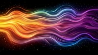 Vibrant flowing waves of rainbow colors against dark starry background create dynamic abstract pattern with glowing light effects and smooth gradients.