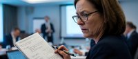 Professional businesswoman with glasses reviewing financial documents during corporate meeting in modern office conference room.
