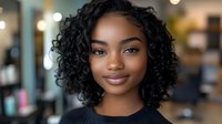Young African American woman with curly hair smiling confidently in modern office environment for business and professional lifestyle concepts.