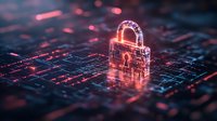 Glowing red padlock on digital circuit board background represents cybersecurity and data protection in modern technology environment. Suitable for security concepts.
