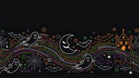 Colorful line art Halloween border with ghosts, bats, moon, castle and swirls on dark background. Seamless pattern for seasonal decorations and designs.