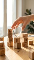 Hand holding magnifying glass over wooden blocks with business icons including dollar signs, charts, and security symbols on desk near window.