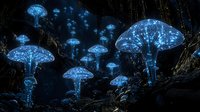 Glowing blue bioluminescent mushrooms in dark forest, magical fantasy night scene with illuminated fungi creating ethereal atmosphere in woodland setting.