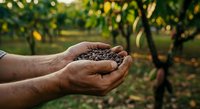 Farmer's hands holding freshly harvested coffee beans in plantation field, showcasing agricultural produce and sustainable farming practices for agricultural and food industry use.
