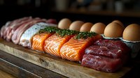Assorted raw protein ingredients arranged in a line on wooden board, including fresh salmon fillet, beef meat, cured salami, and brown eggs for cooking and meal preparation.