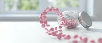 Pink heart-shaped pills spilling from glass jar on white surface near window, pharmaceutical supplements for love and wellness concept.