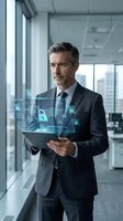 Middle-aged Caucasian male businessman in dark suit holding tablet with holographic security interface displaying padlock icons in modern office with city skyline view.